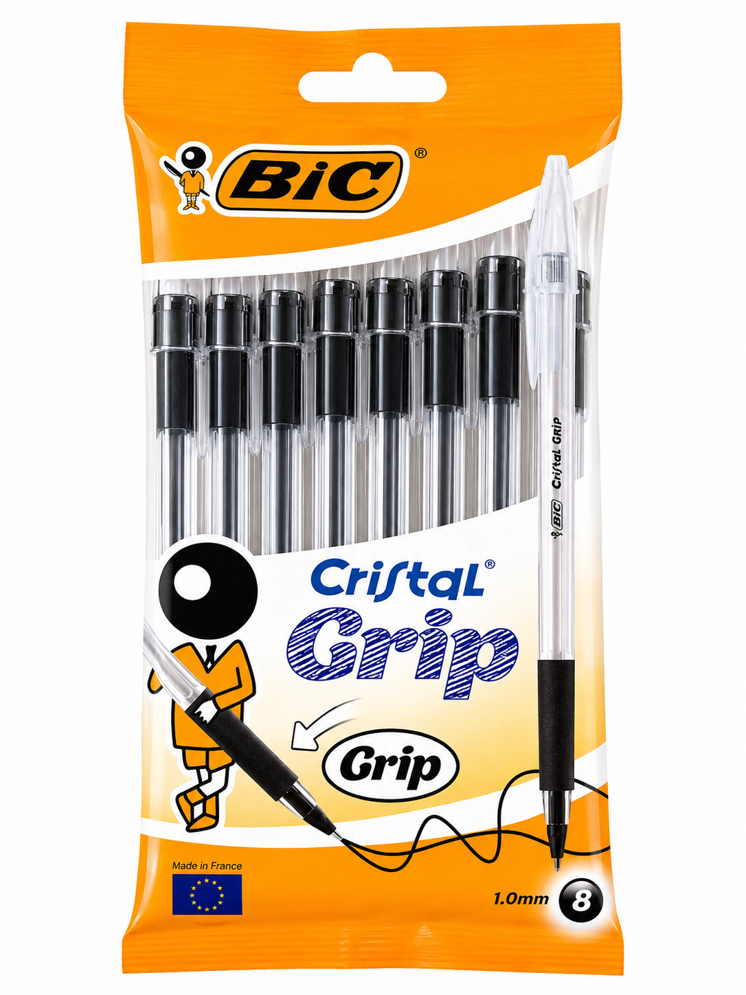 BiC Cristal Grip Black Ballpoint Pens 1.0mm - 8 Pack