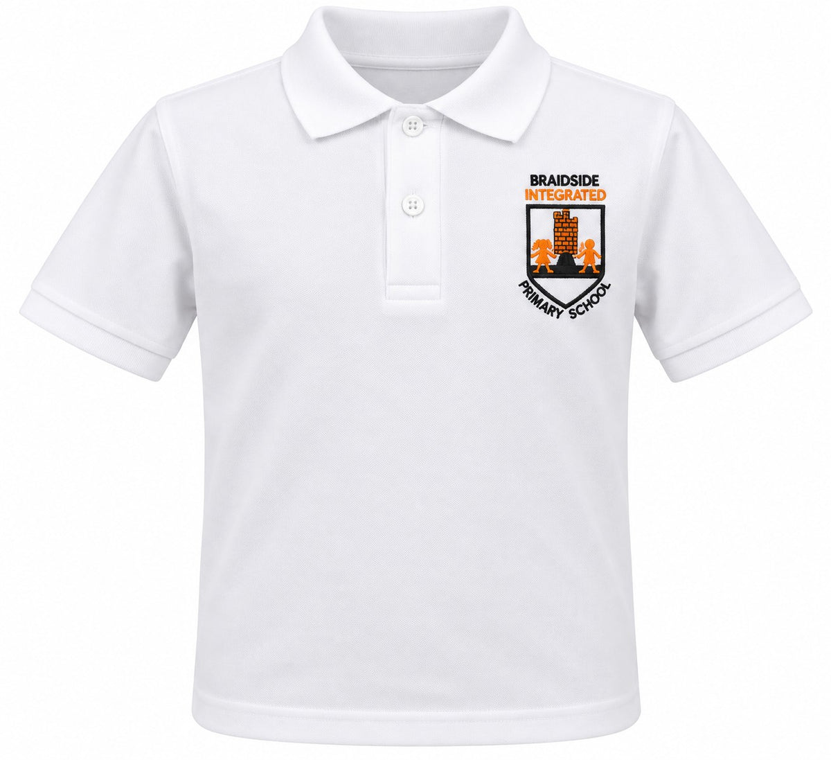 A white short-sleeve polo shirt with a two-button placket and a custom school crest printed on the left chest. The crest features the text 'BRAIDSIDE INTEGRATED PRIMARY SCHOOL' with an illustration of two children sitting on a bench.