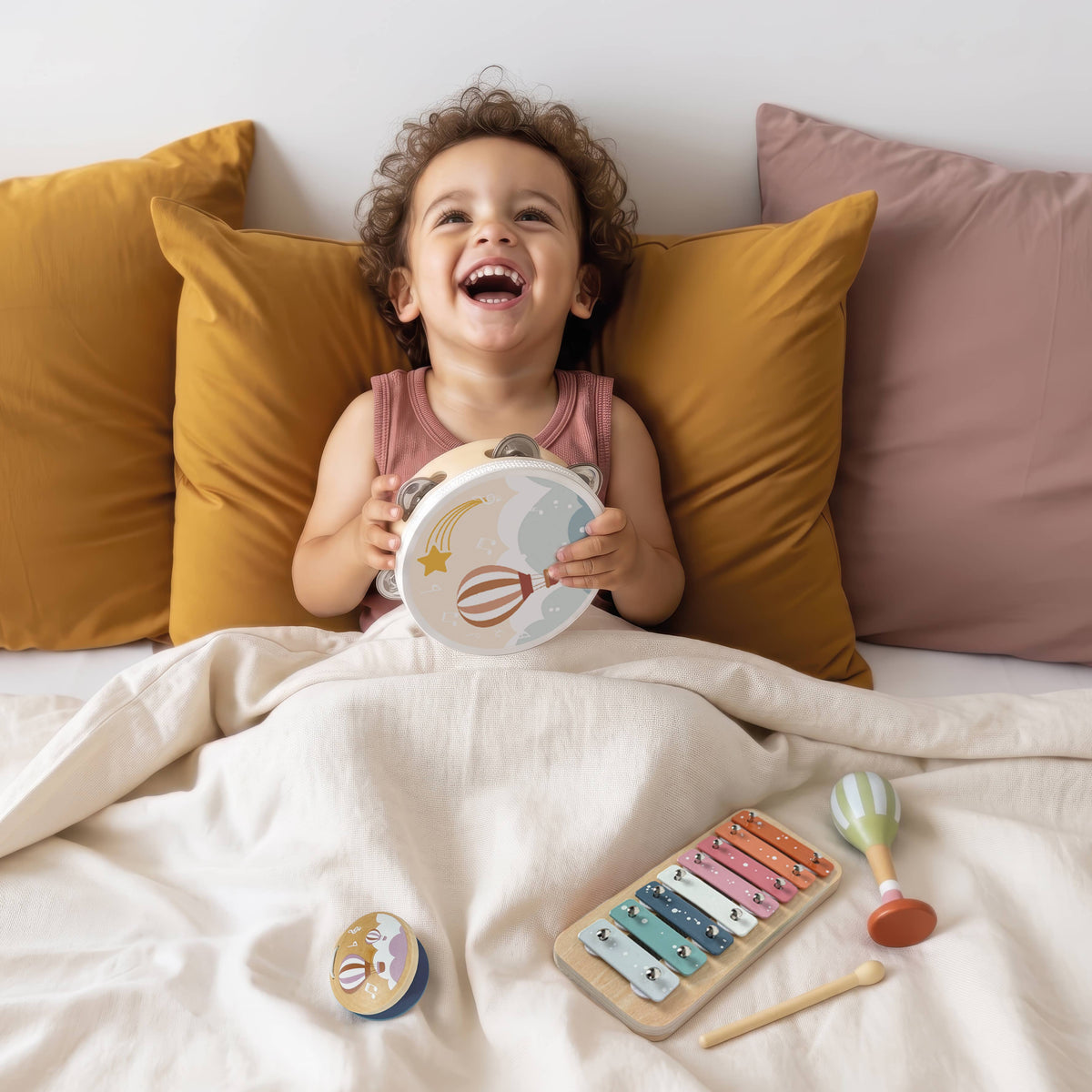 A smiling child lies on a bed with pillows and a blanket, holding a small round toy drum. A wooden xylophone, maracas, and other toys are scattered on the bed, creating a cozy bedroom scene.