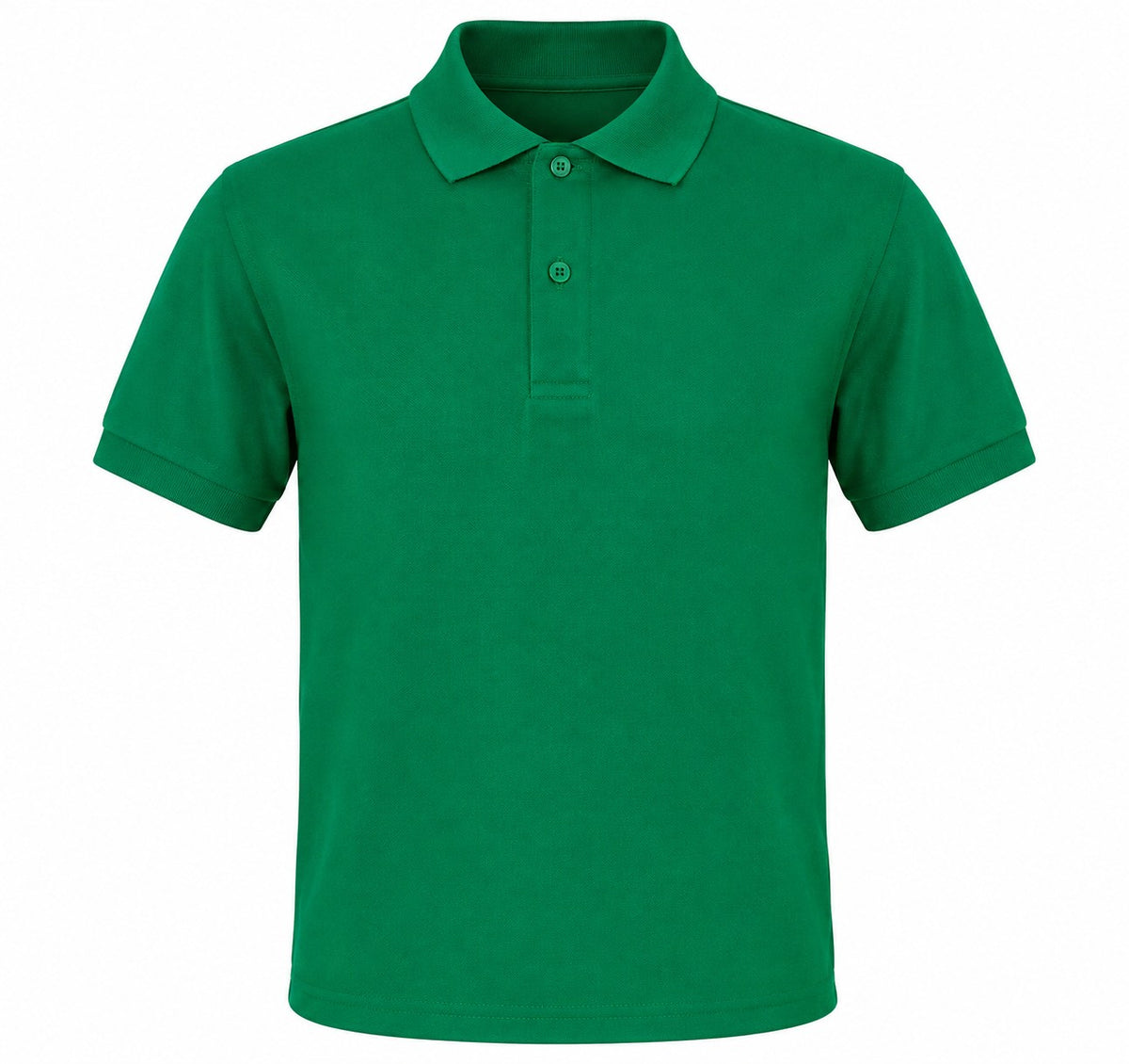 A green short-sleeve polo shirt with a two-button placket, displayed on a clean white background.