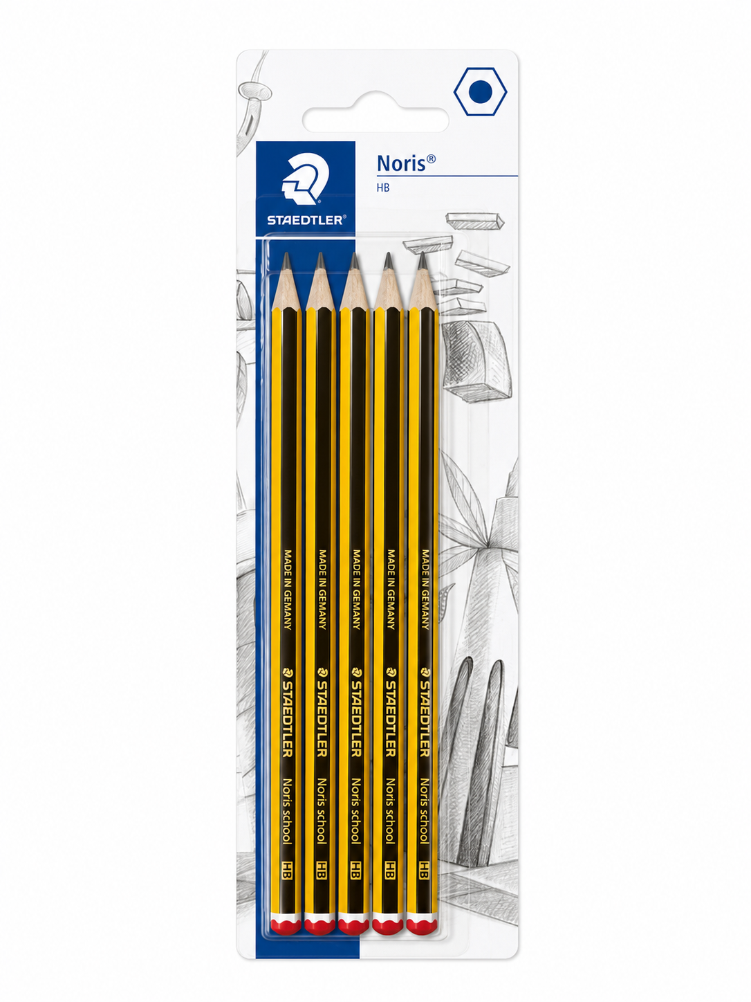 Six Staedtler Noris HB wooden pencils in a gold and black finish with red erasers, packaged in a white and blue cardboard sleeve with sketch illustrations.