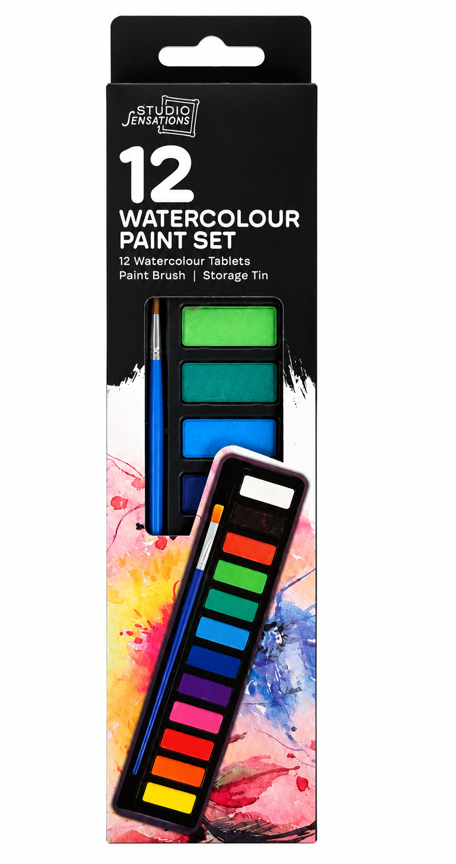 Studio Creations 12 Watercolour Paint Set in its original retail packaging, featuring a black and white box with a colorful watercolor splatter design and a clear window showing the paint tablets, brush, and storage tin.