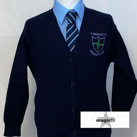 Navy cardigan with a school emblem on a mannequin against a white background, featuring the 'magicfit' brand.