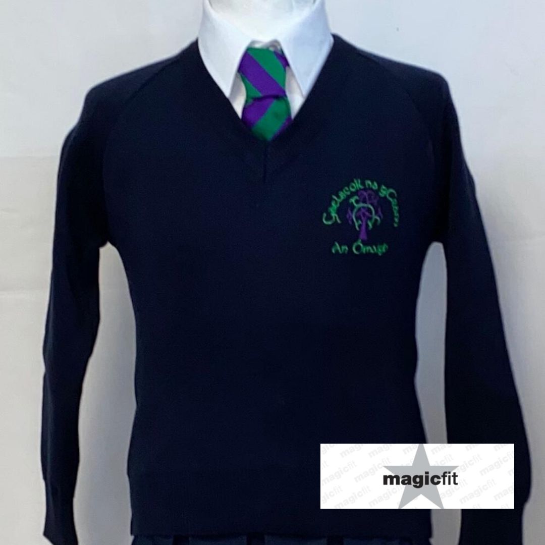 Navy sweater with logo and green and purple tie on a white background, featuring 'magicfit' brand.