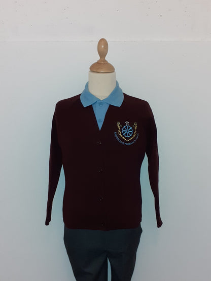 Mannequin wearing a dark sweater with a logo on a white background