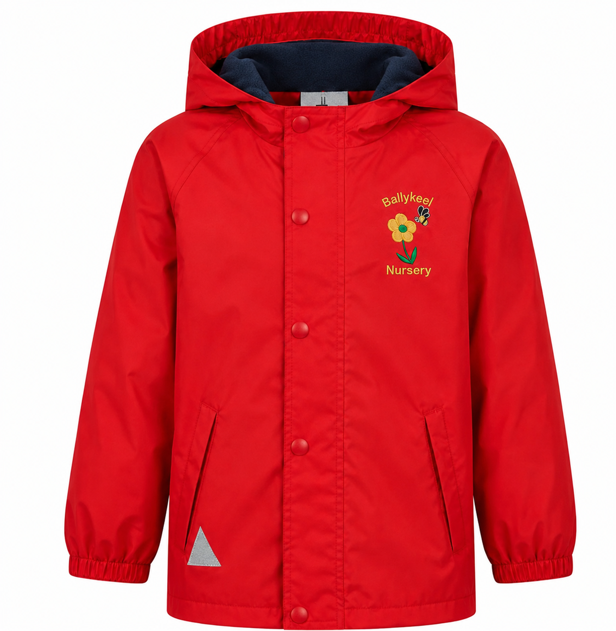 Red coat for ballykeel nursery school with an embroidered school crest. 