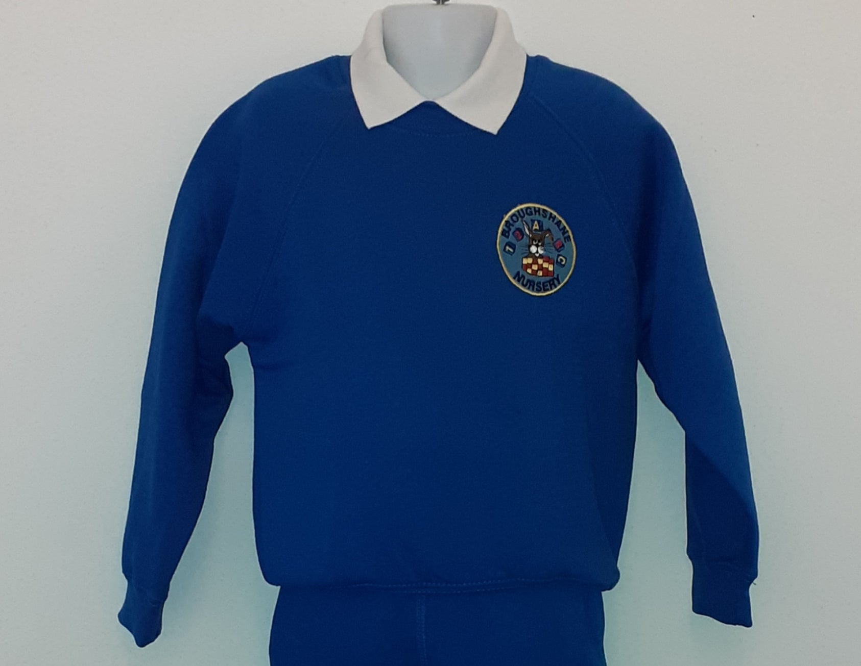 Blue sweater with a logo on a mannequin against a light gray background