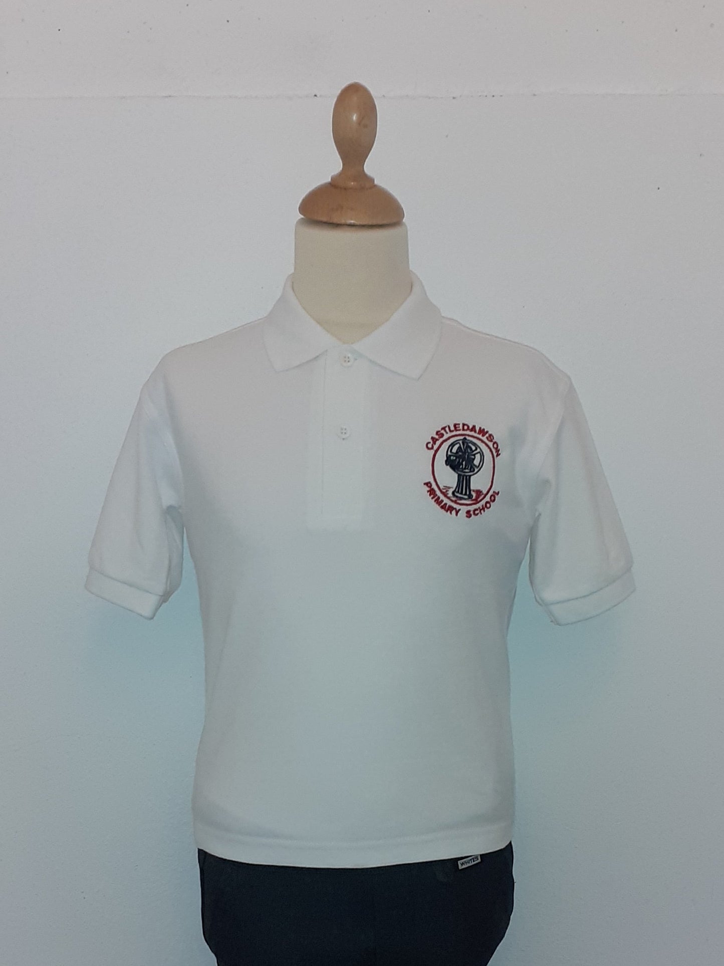 Mannequin wearing a white sweatshirt with a logo on a white background