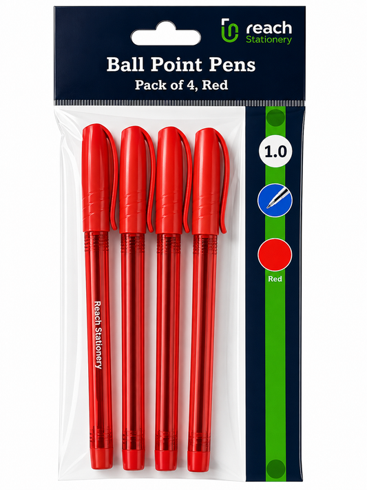 Reach Stationery Red Ballpoint Pens 1.0mm - 4 Pack