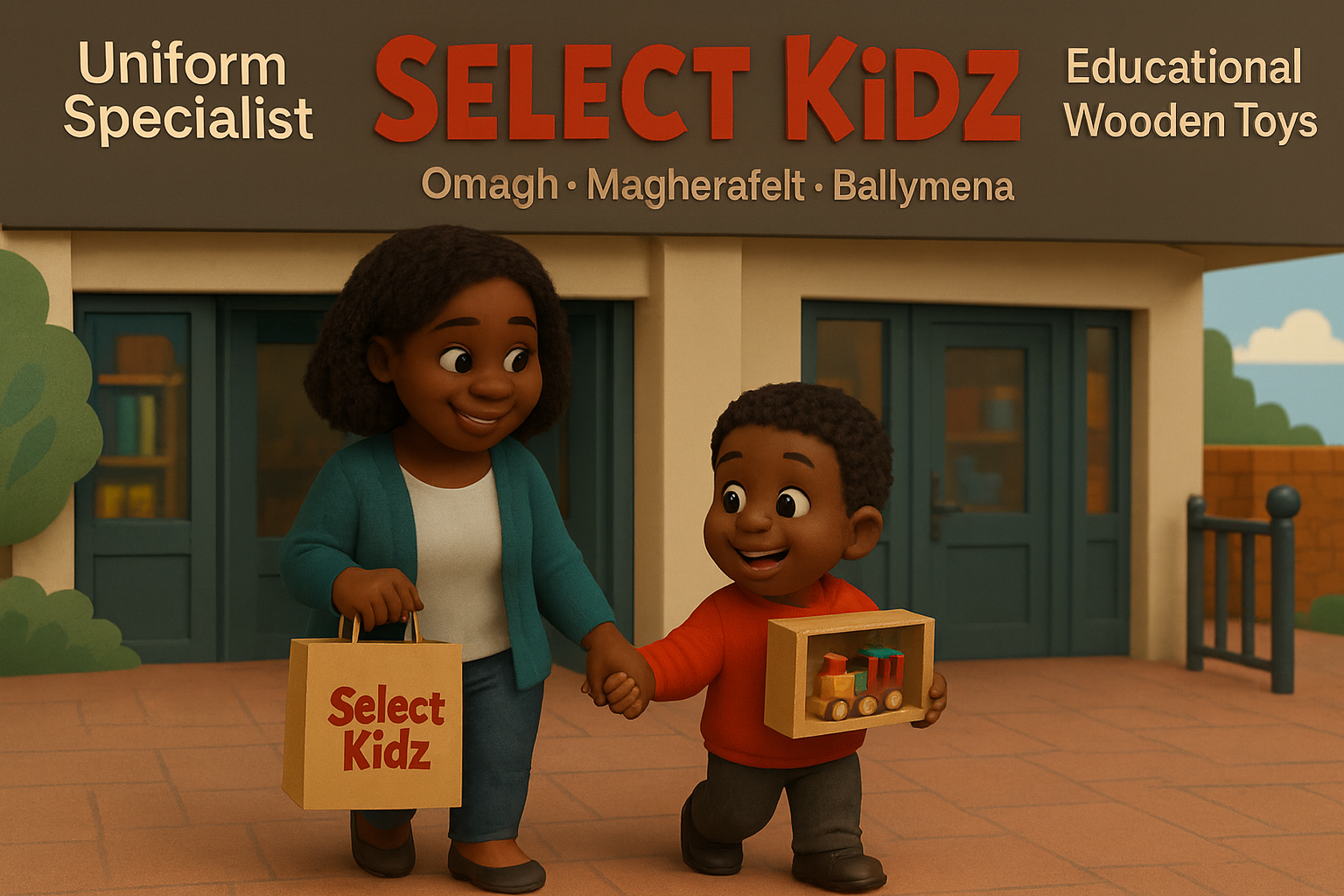 Mother & child holding educational toys in front of a store named 'Select Kidz'.