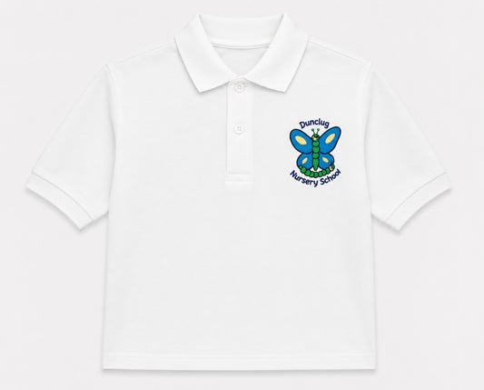 Dunlcug Nursery white polo shirt with Dunclug Nursery Logo embroidered