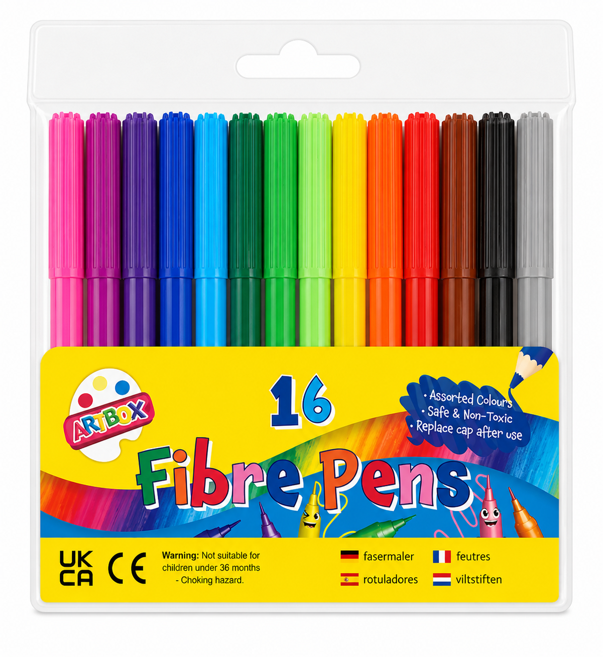 A 16-pack of AR BOX Fibre Pens in assorted colors, packaged in a clear plastic blister pack with a bright yellow and multicolor label.