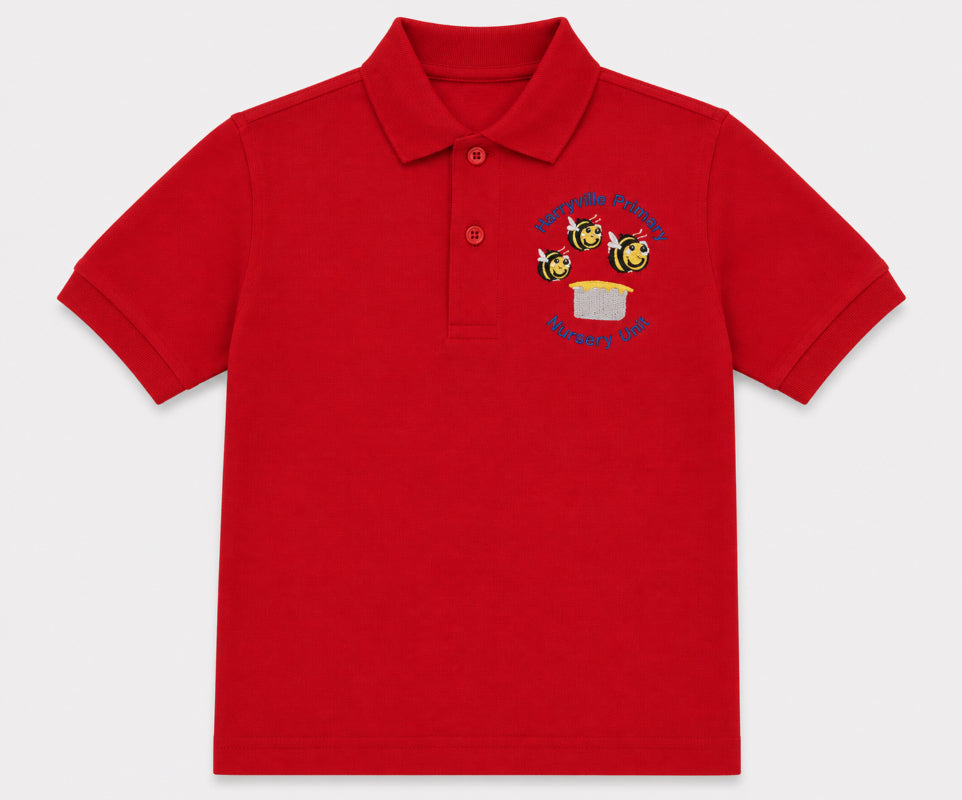 Harryville Primary Nursery Unit red polo shirt with the logo embroidered