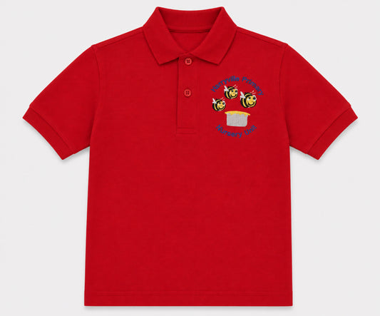 Harryville Primary Nursery Unit red polo shirt with the logo embroidered
