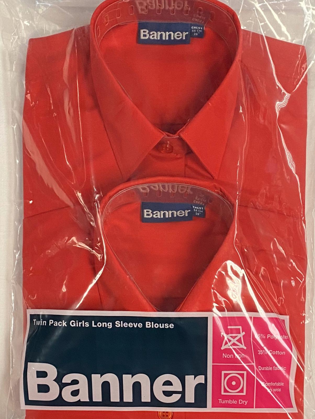 Red girls' long sleeve blouse in packaging with Banner label