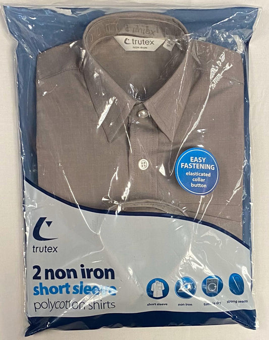 Trutex non-iron shirt packaging with a brown shirt inside on a white background