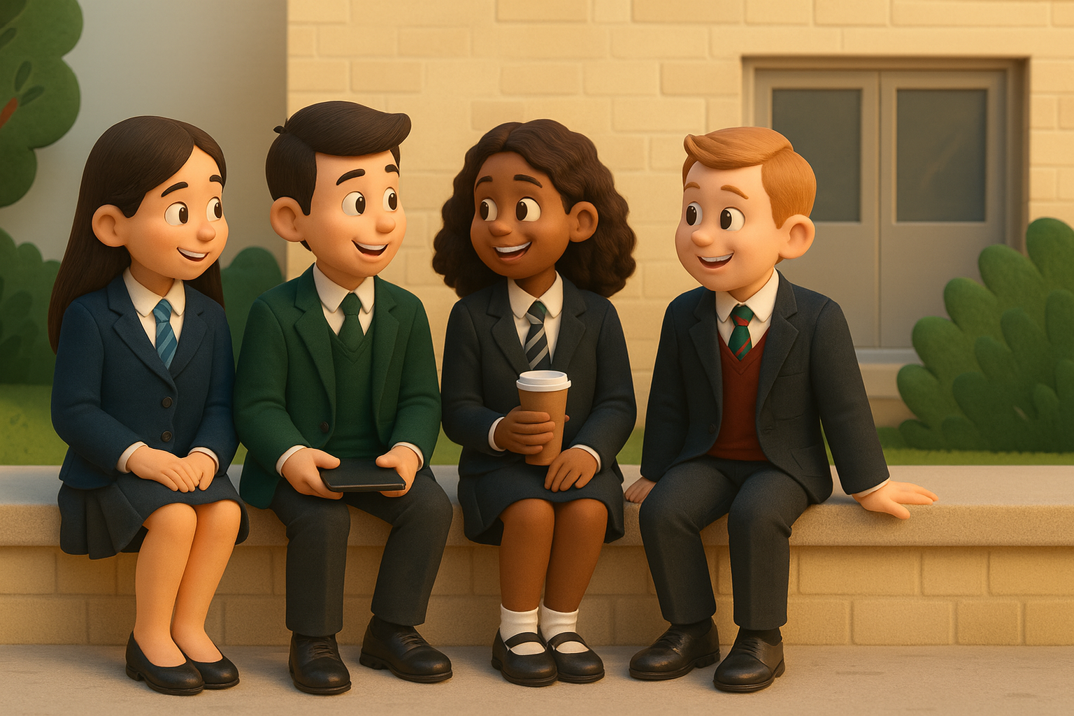 Four animated students in school uniforms sitting on a bench outdoors.