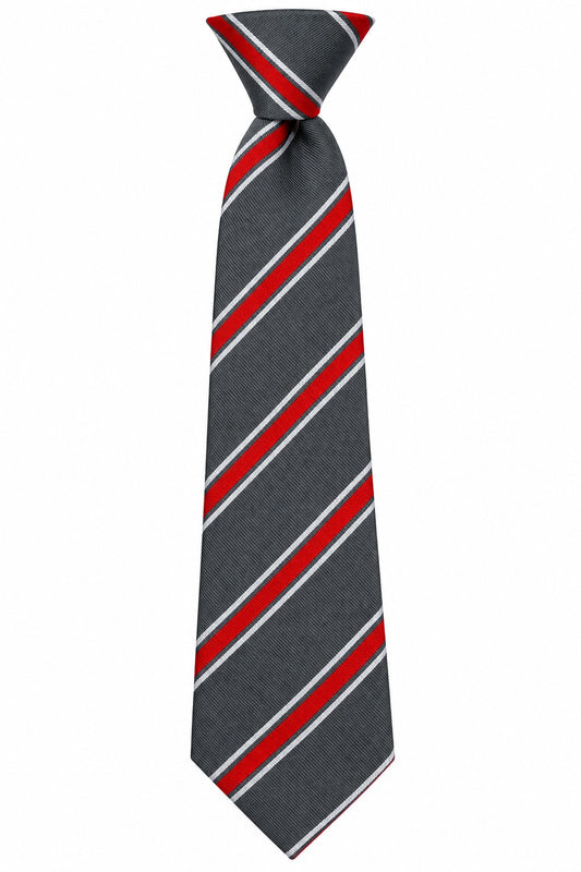 A dark gray necktie with diagonal stripes in red, white, and a thin black line, shown on a plain white background.