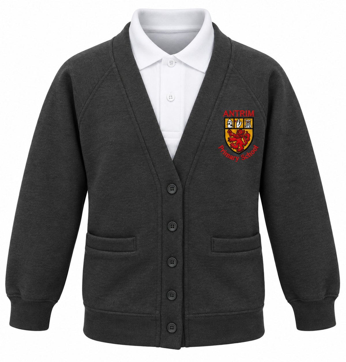 A dark gray cardigan sweater styled over a white polo shirt, featuring a school crest embroidered on the left chest that reads 'ANTRIM PRIMARY SCHOOL' with a red lion graphic.