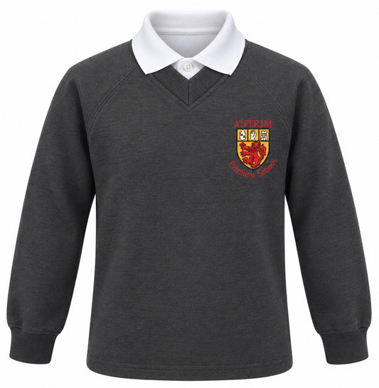 A dark gray long-sleeve school uniform sweater with a white collar, featuring a red and gold crest embroidered on the left chest for Antrim Primary School