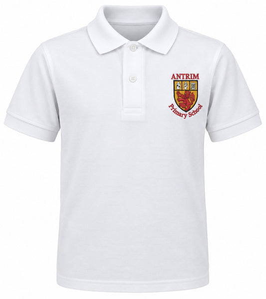A white short-sleeve polo shirt with a custom embroidered crest on the left chest reading 'ANTRIM Primary School' in red and gold.