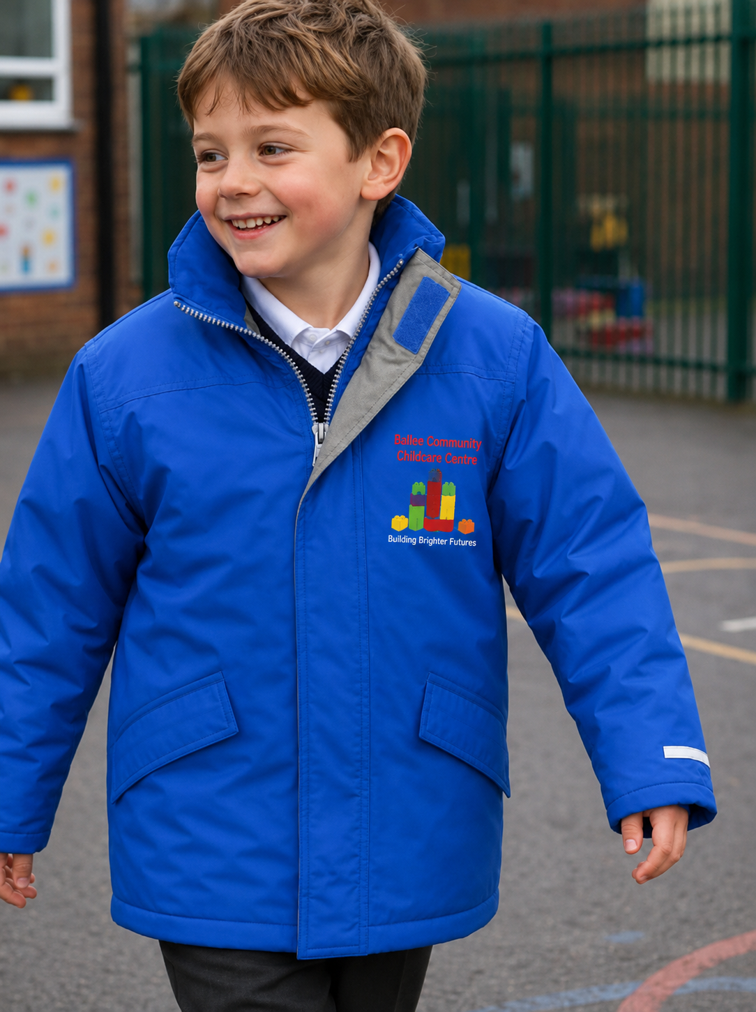 Royal blue school coat for baller community childcare centre 