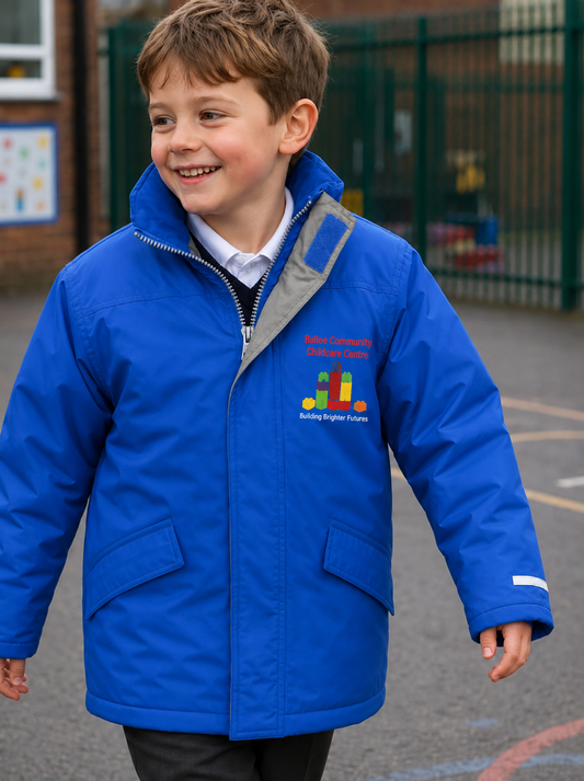 Royal blue school coat for baller community childcare centre 
