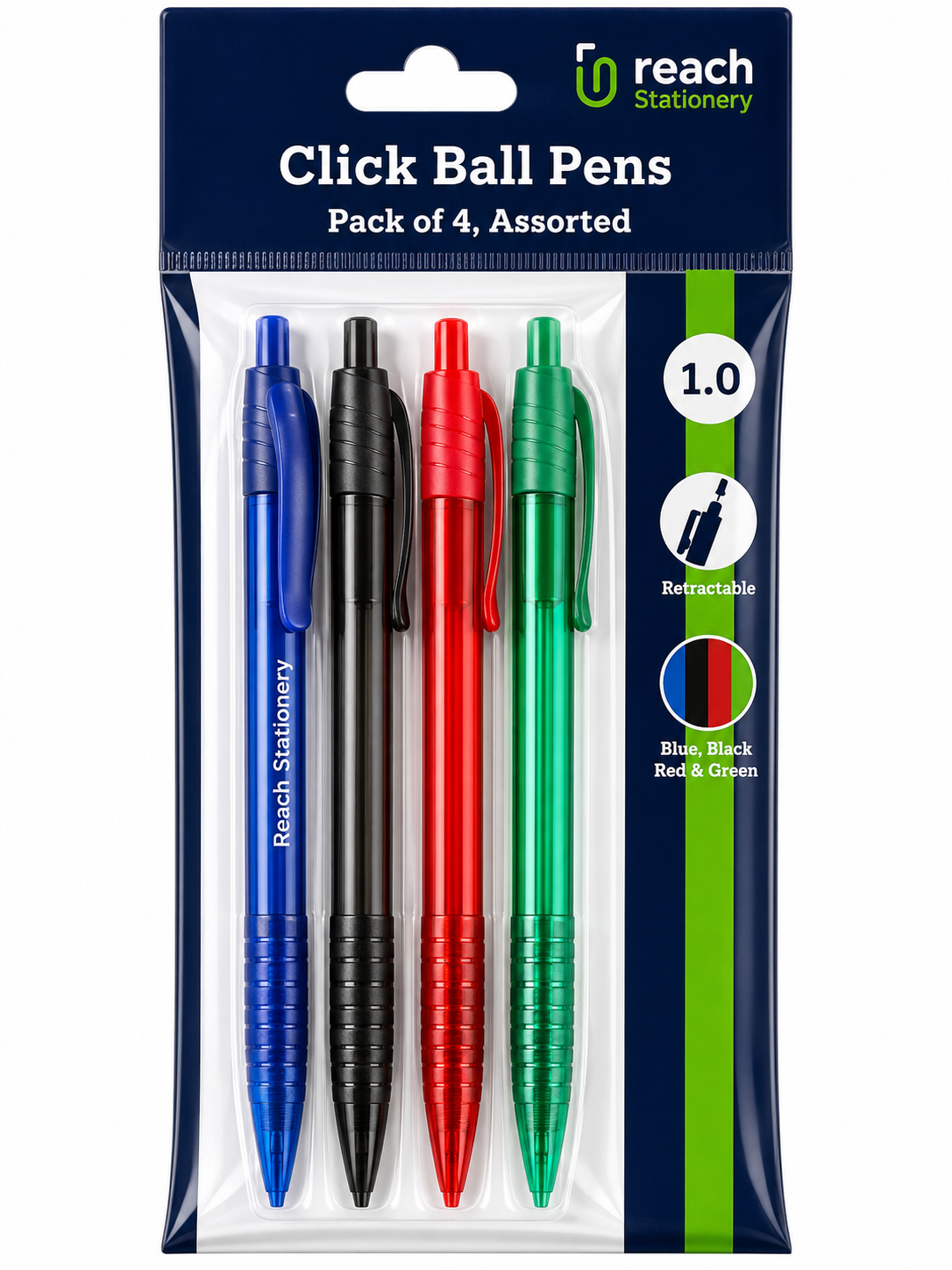 Pack of 4 assorted Reach Stationery click ball pens in blue, black, red, and green, sealed in a clear plastic blister pack with a navy header card.
