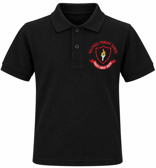 A black short-sleeve polo shirt with a two-button placket and a red, yellow, and white embroidered school crest on the left chest reading Ballykeel Primary School