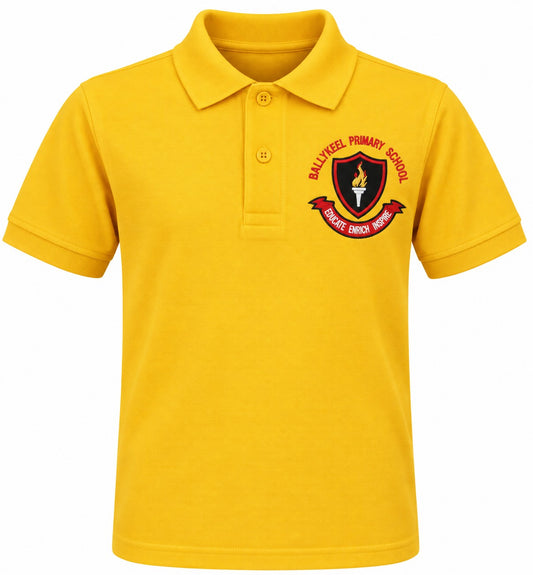 A yellow short-sleeve polo shirt with a two-button placket and an embroidered school crest on the left chest reading Balykeel Primary School