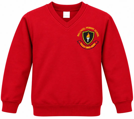 A red long-sleeve V-neck sweatshirt with a school crest on the left chest reading ballykeel primary school