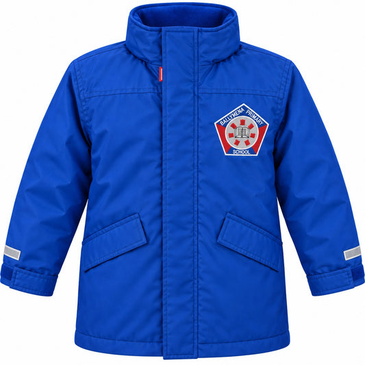A royal blue winter jacket with a high collar, front zipper, and two front flap pockets. It features a school emblem on the left chest reading Ballymena Primary School