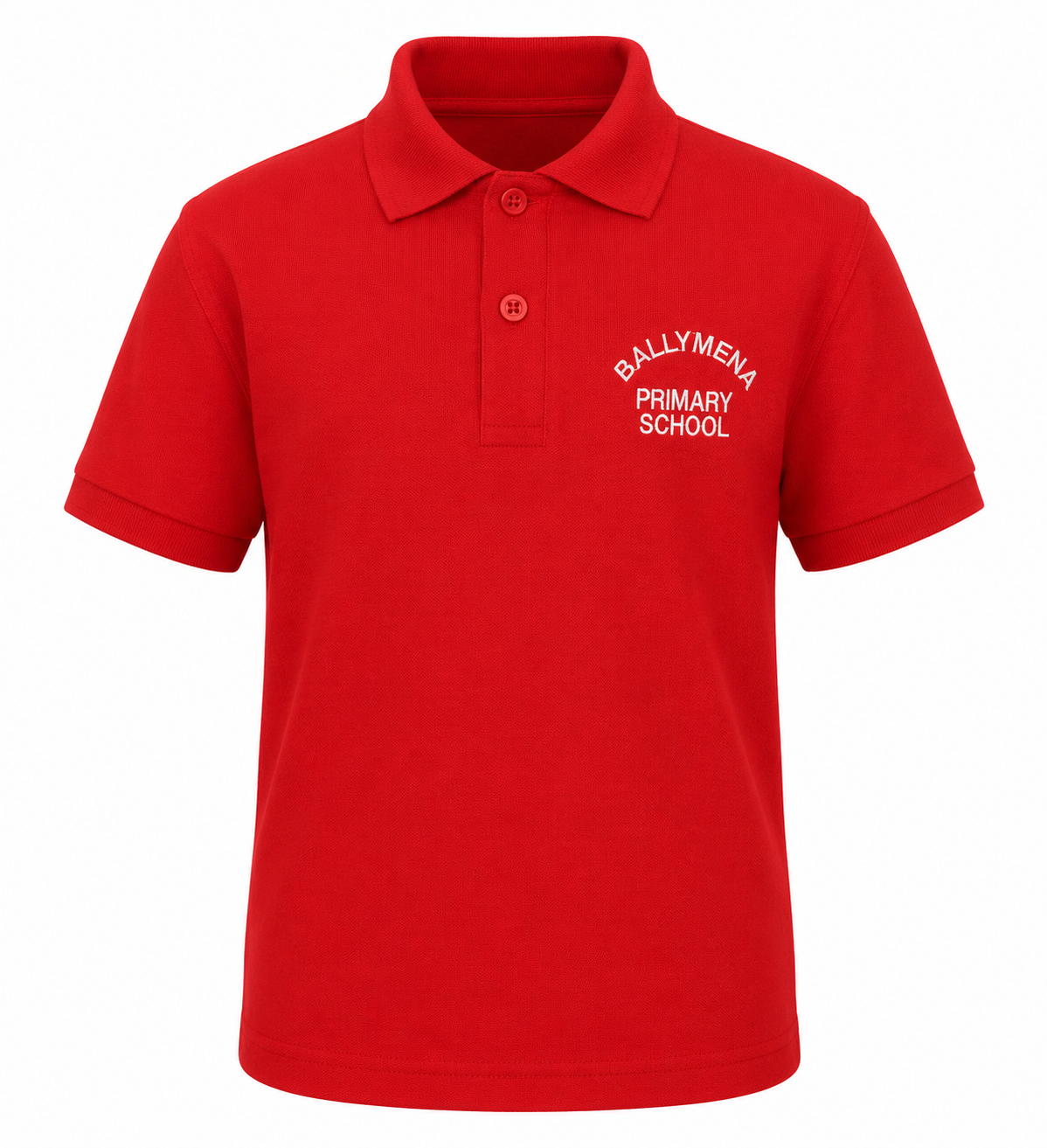red polo from banner with ballymena primary school logo