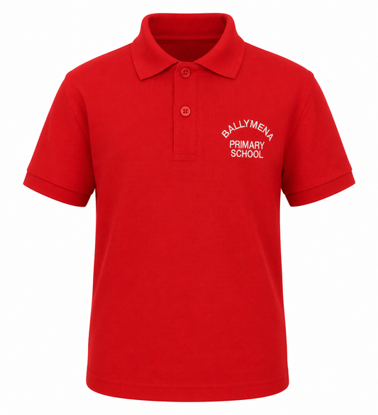 red polo from banner with ballymena primary school logo