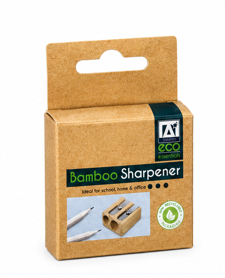 A bamboo sharpener in its original brown kraft paper packaging, featuring a dark green and white 'A4 eco essentials' logo and a 'FSC Certified' seal.