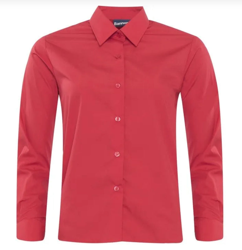 A red long-sleeve button-down shirt with a pointed collar, displayed on a clean white background.