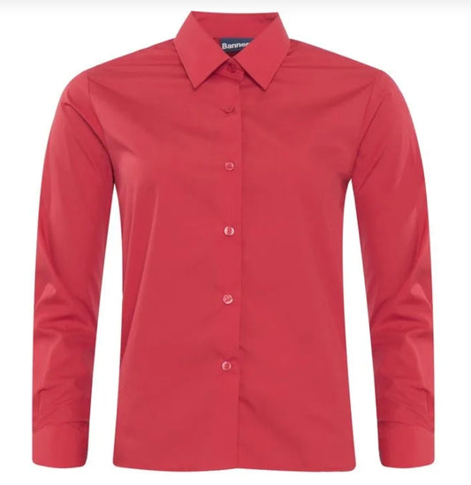 A red long-sleeve button-down shirt with a pointed collar, displayed on a clean white background.