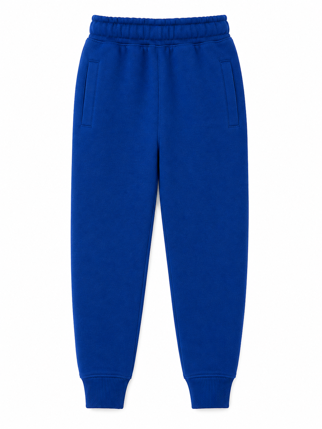 A pair of royal blue sweatpants with an elastic waistband, side pockets, and ribbed ankle cuffs, shown flat against a white background.