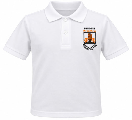 A white short-sleeve polo shirt with a two-button placket and a custom school crest printed on the left chest. The crest features the text 'BRAIDSIDE INTEGRATED PRIMARY SCHOOL' with an illustration of two children sitting on a bench.