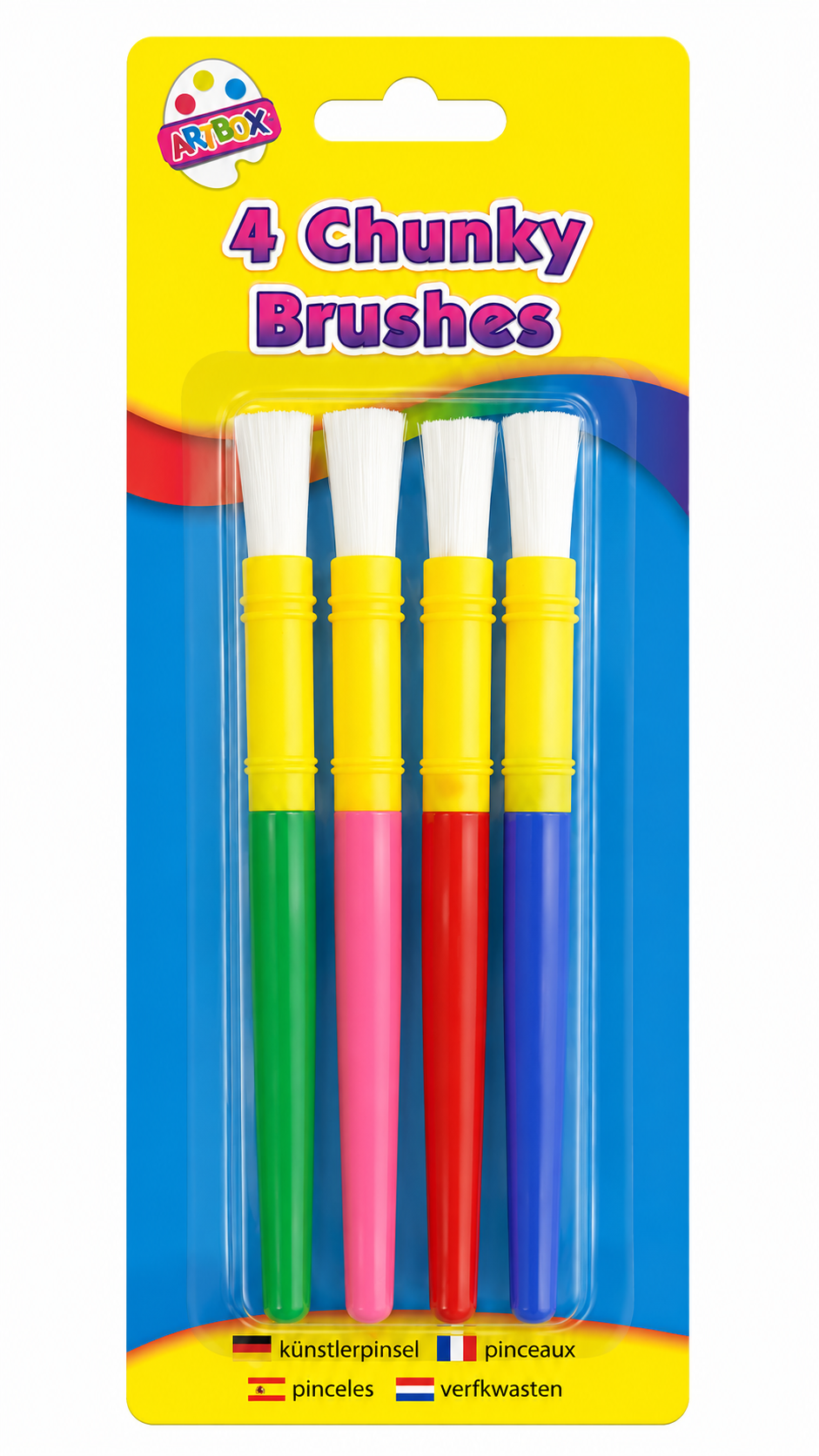 A retail package of four chunky acrylic paintbrushes in green, pink, red, and blue, mounted on a bright yellow and blue backing card labeled '4 Chunky Brushes' with the ARPEX brand logo.