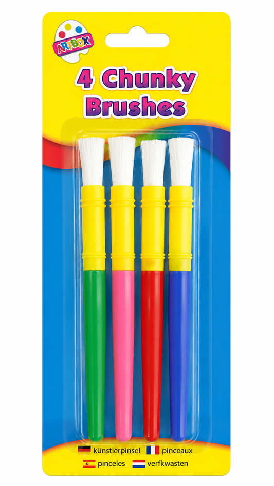 A retail package of four chunky acrylic paintbrushes in green, pink, red, and blue, mounted on a bright yellow and blue backing card labeled '4 Chunky Brushes' with the ARPEX brand logo.