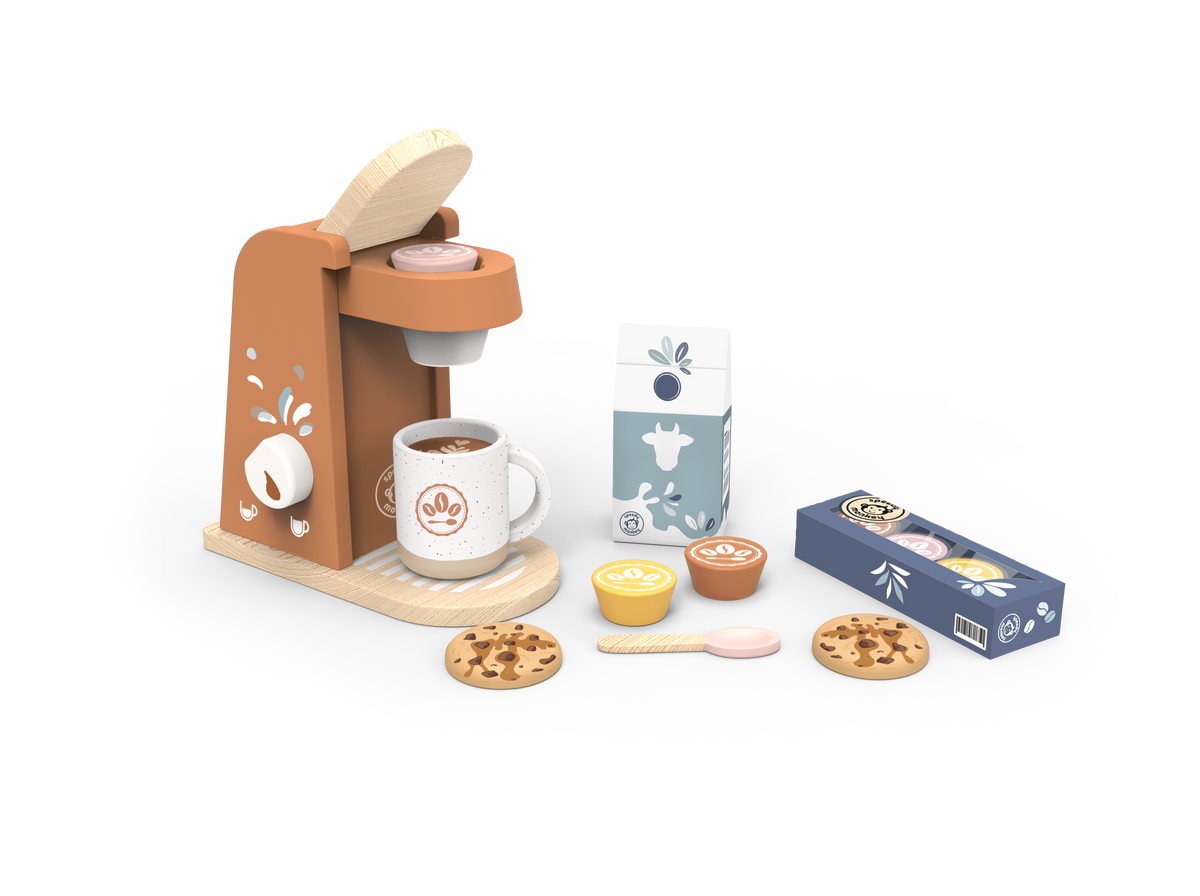 A children's wooden play coffee set on a white background, including a brown and beige coffee machine, white mug, milk carton, blue coffee box, yellow and brown cups, spoon, and cookies.