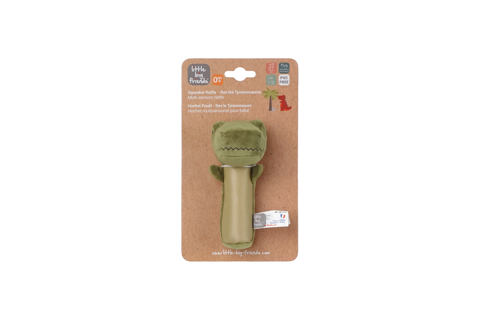 Green dino toy on a cardboard packaging with brand logo