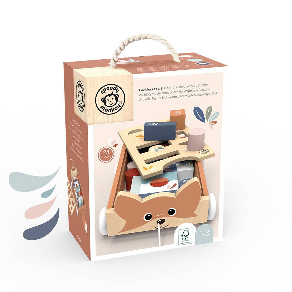 Wooden toy car with blocks in a ' speedy monkeys' box on a white background