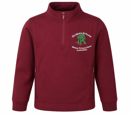 A maroon long-sleeve quarter-zip fleece pullover sweatshirt with a green and white embroidered logo on the left chest reading Glenann Primary School