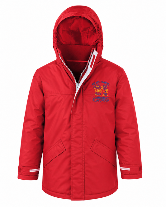 A red hooded winter jacket with a front zipper, two front flap pockets, and a colorful embroidered logo on the left for Glenravel Community Playgroup