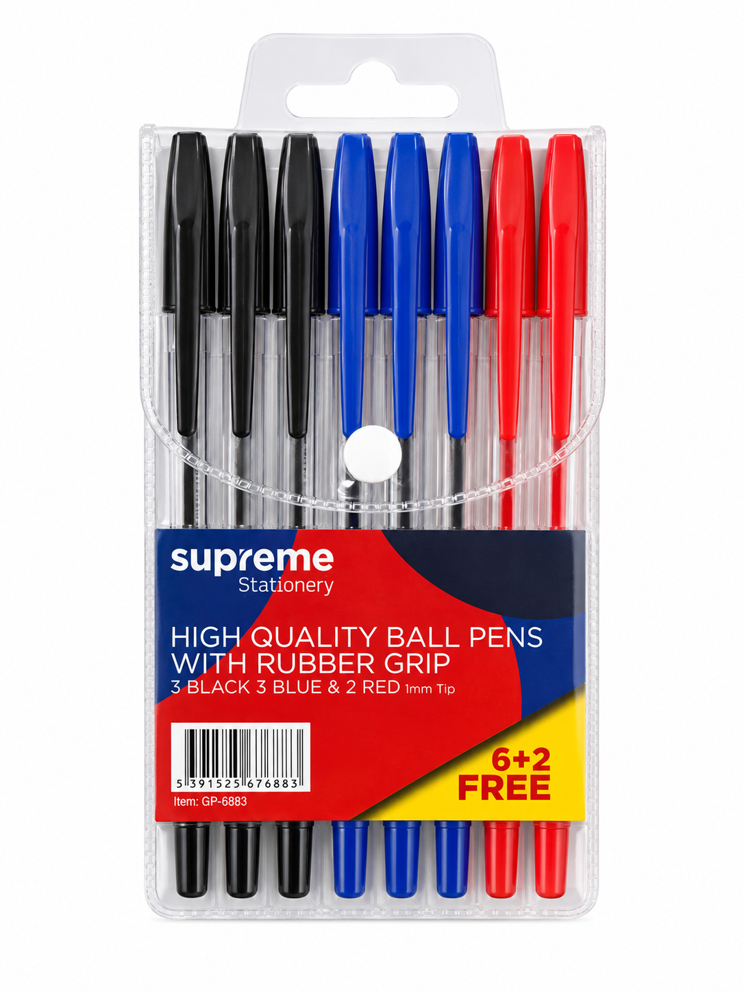 Supreme Stationery 6-ball pen set in a clear plastic blister pack with a white hanger tab. The pens are colored black, blue, and red, with the label reading 'HIGH QUALITY BALL PENS WITH RUBBER GRIP' and '6+2 FREE'.
