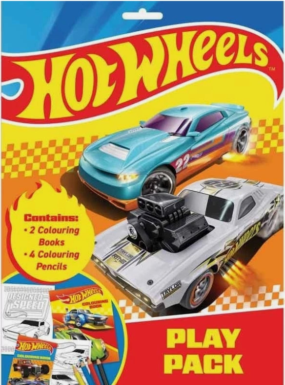 Hot Wheels Play Pack toy set packaging featuring two toy cars, a coloring book, and coloring pencils on a bright yellow and blue background.