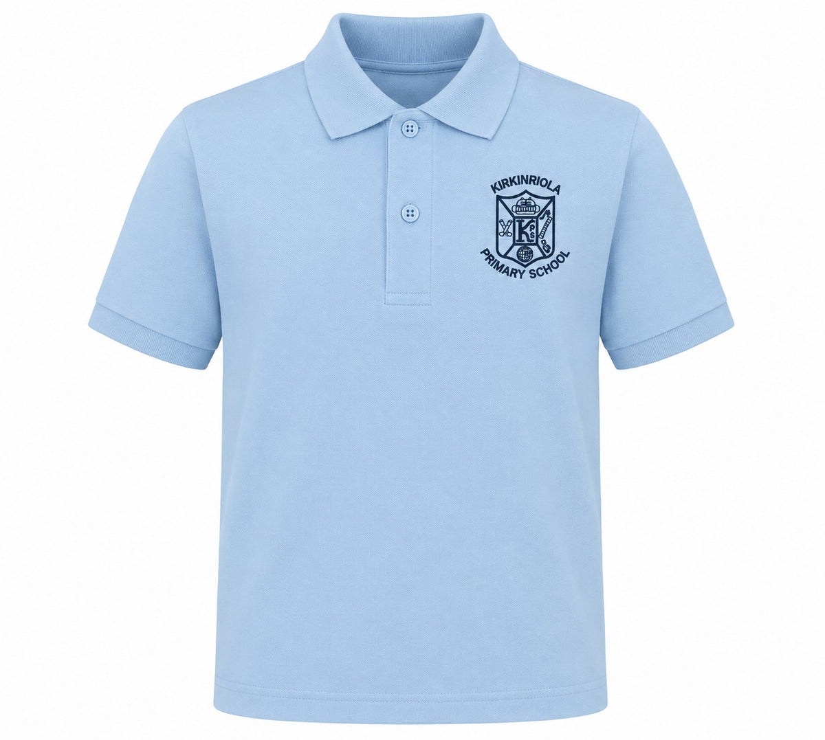 A light blue short-sleeve polo shirt with a dark navy school crest embroidered on the left chest for kirkinriola primary school, displayed on a clean white background.