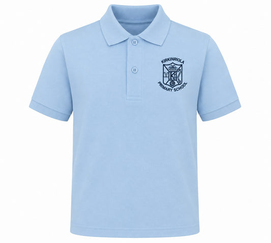 A light blue short-sleeve polo shirt with a dark navy school crest embroidered on the left chest for kirkinriola primary school, displayed on a clean white background.